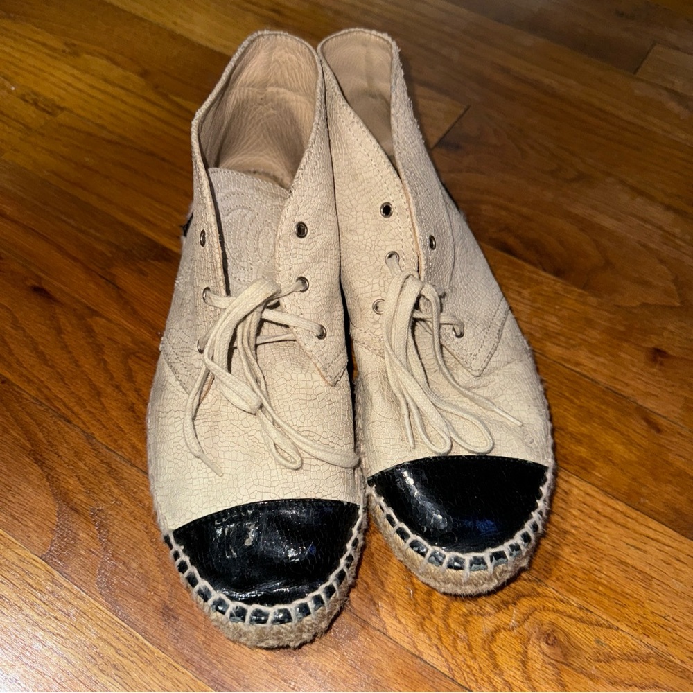 CHANEL 15C Crackle High Top Espadrilles Light Beige Black Size 40